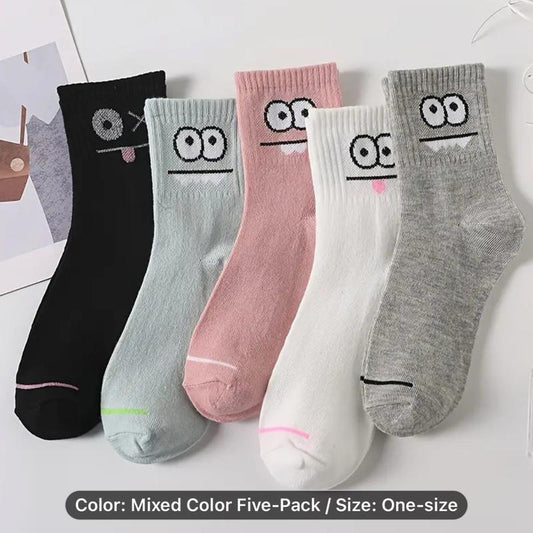 Women'S Funny Face Print Mid Calf Tube Socks - Comfy and Breathable Design for Everyday Wear - 5 Pairs - Underwear, Womenswear