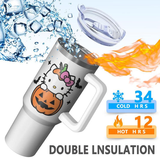 Faddishdeal Limited Edition Hello Kitty Halloween Pumpkin Tumbler with Straw & Handle Cutest Ever Halloween Hello Kitty Tumbler Perfect Gift for Her