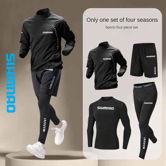 2025 Men's Summer Ice Silk Quick Drying Fishing Set, Tight and Breathable Fitness, Running, Cycling Sport Four Piece Set