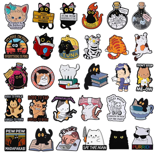 Cute Cats Animal Collection Enamel Pins Cartoon Kitten Elf Happiness Potion Cat Reading Book Brooches Lapel Badge Jewelry Gifts