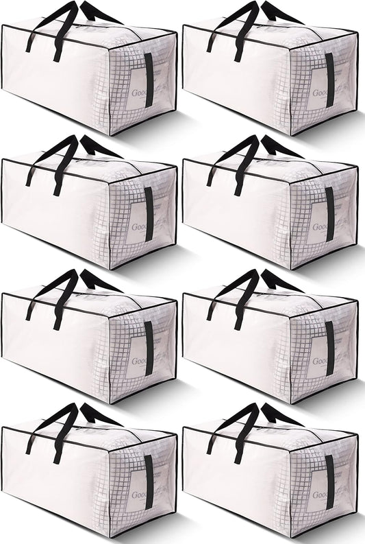 8 Pack Large Strong Moving Bags with Zippers & Carrying Handles - Water-Resistant - Heavy Duty Tote for Space Saving Storage, Fold Flat, Alternative to Moving Box (Clear)