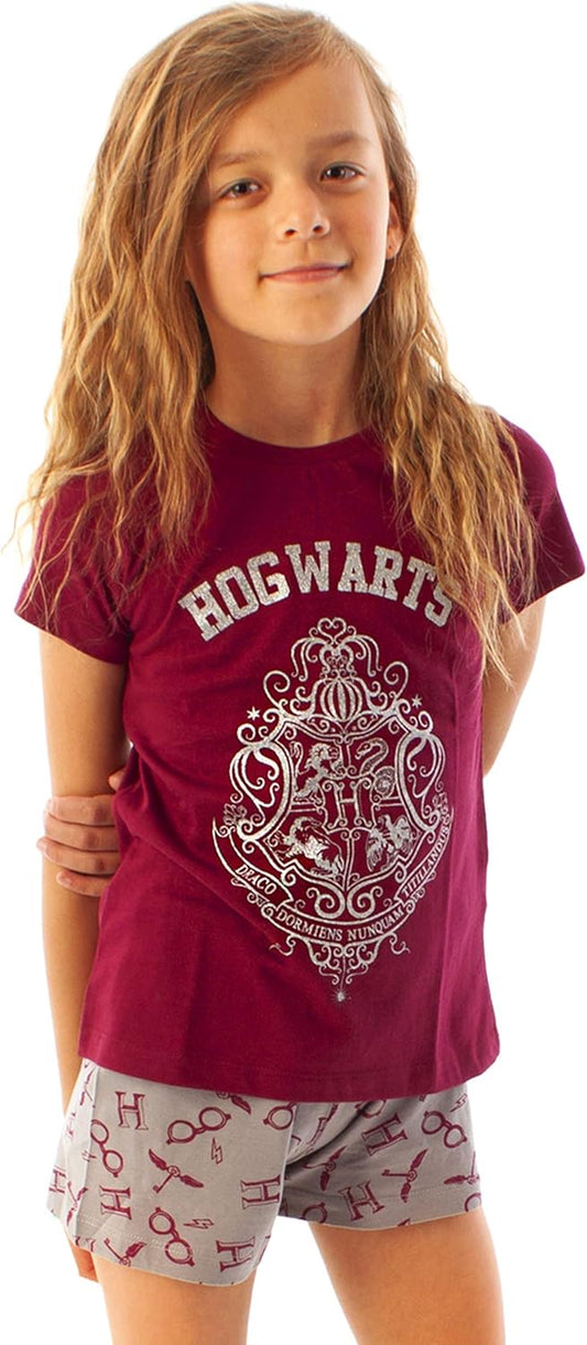 Girls Pyjama Set | Hogwarts Glitter Crest Long or Short Leg Pjs in Burgundy & Pink | Kids Sleepwear for Bedtime, Lounging or Sleepovers | Officially Licensed Wizarding World Merchandise