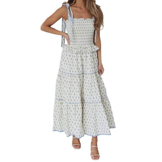 Women Long Dress Floral Print Tie-Up Straps Cami Dress Summer Fashion Sleeveless Casual Dress