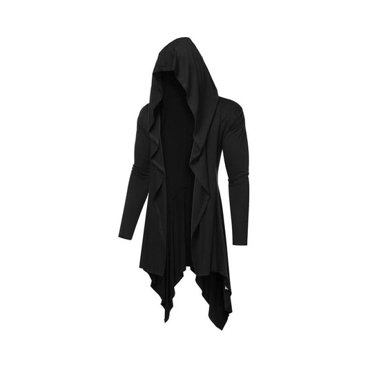 COOFANDY Men'S Black Long Hooded Cardigan Ruffle Shawl Collar Open Front Lightweight Drape Cape with Side Pockets Casual Elastic Workwear 3/4 Length
